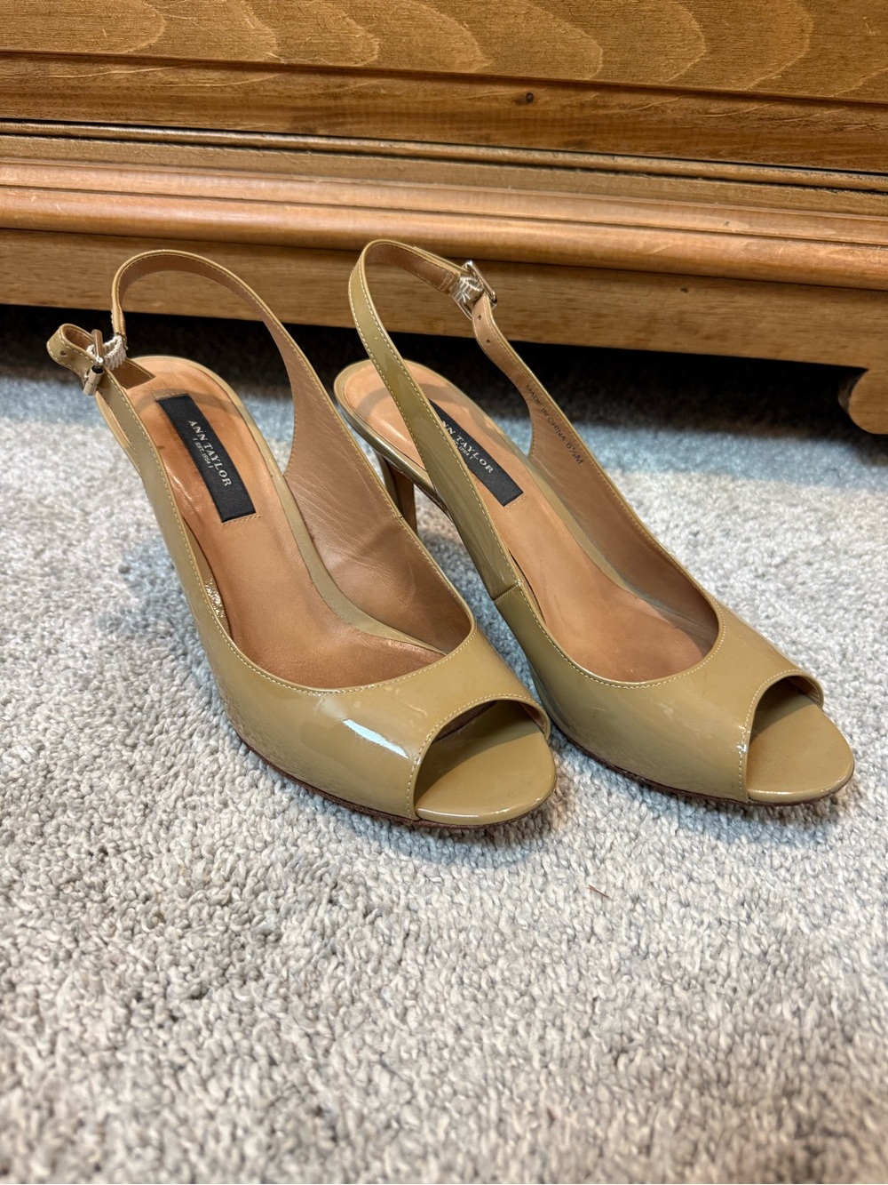 Ann Taylor Women's Patent Leather Slingback Peep-Toe Pumps in Khaki